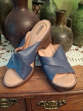 Born Blue Leather Crisscross Wedge Mules